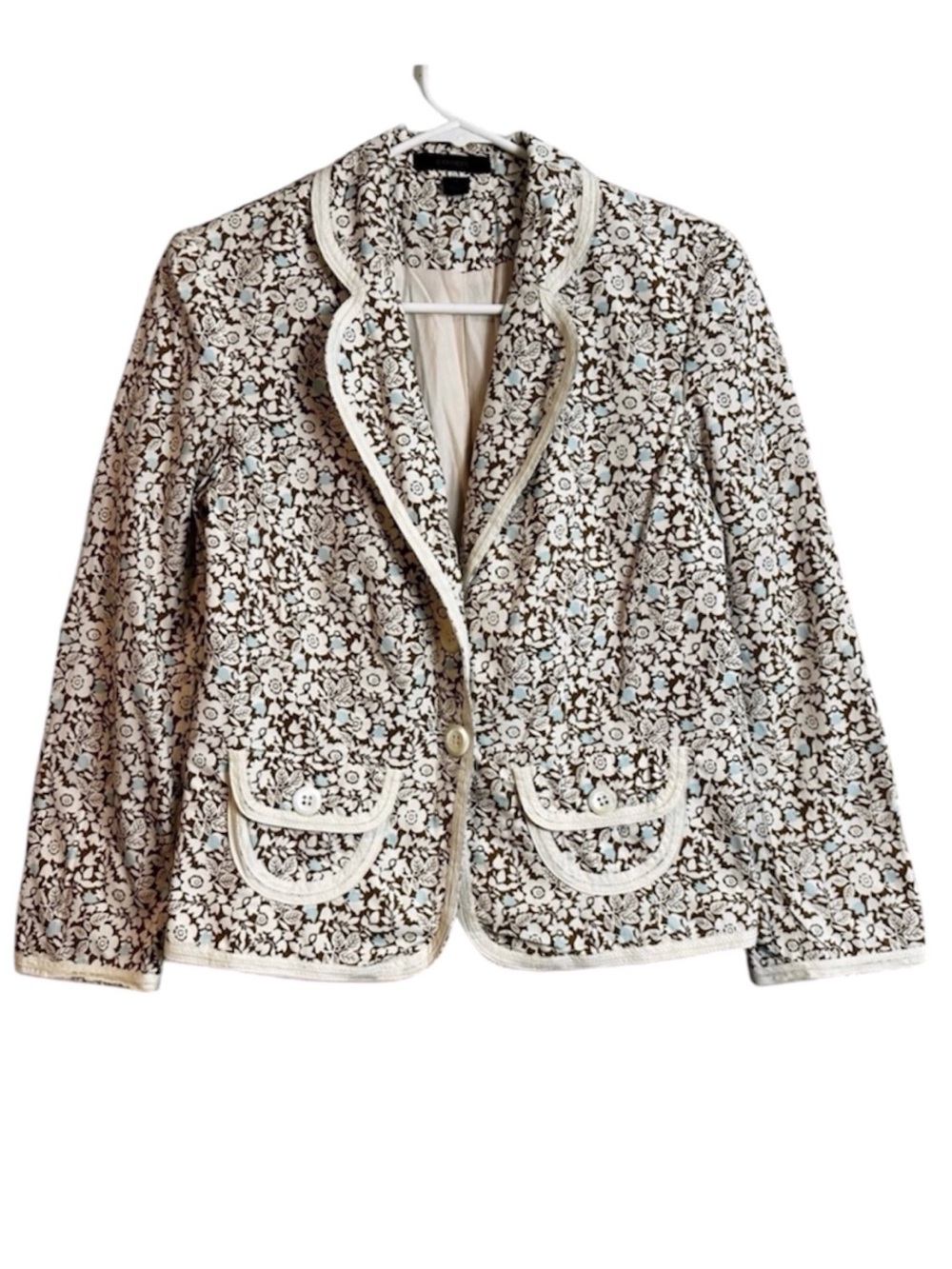 Express Light Brown & Blue Cotton Floral Spring Blazer FLAW